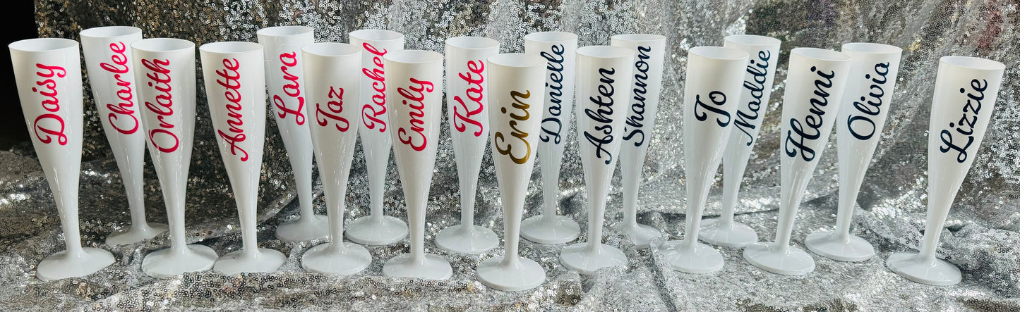Personalised White Plastic flutes/ Hen party/ Wedding / Party / Prom