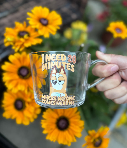 🆕 Funny Bluey Glass Mug – “I Need 20 Minutes” Design ☕️