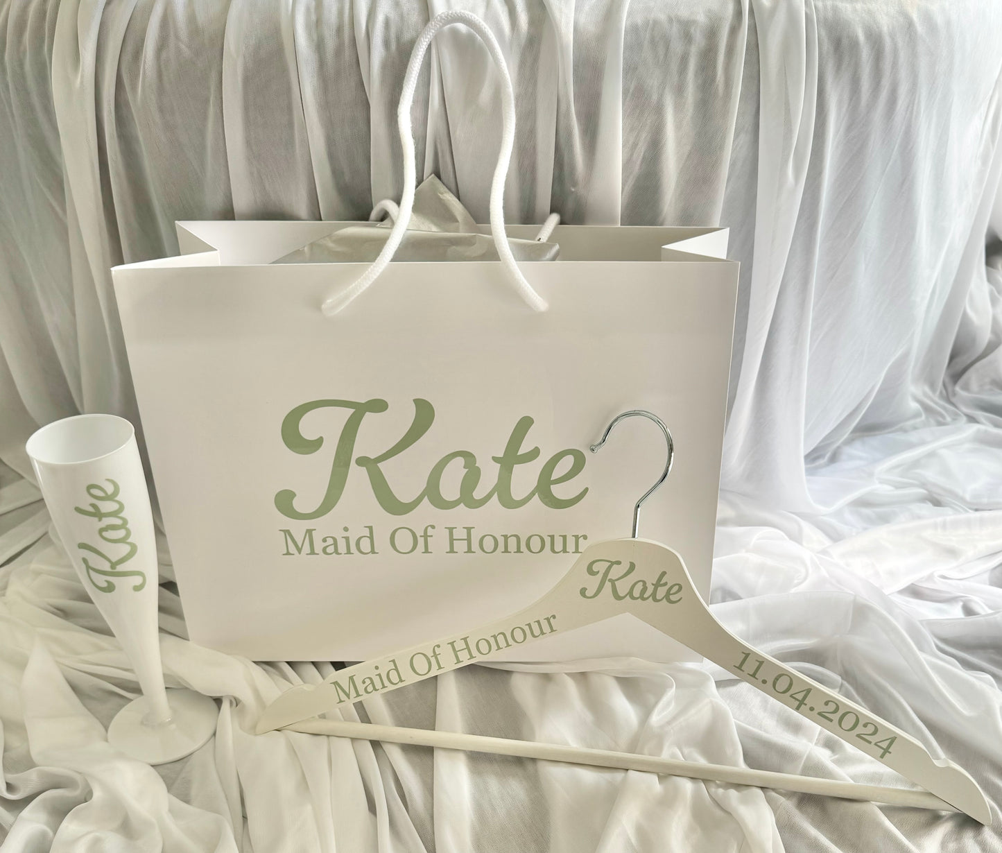 Bride & Bridal Party Bundle Set - Bag, Hanger and Flute.