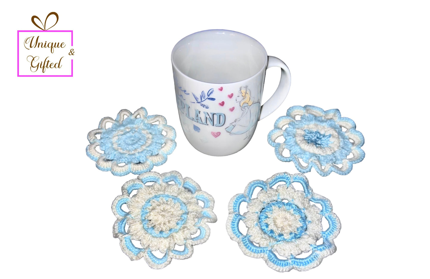 Alice in wonderland Cup and Crocheted Coaster set