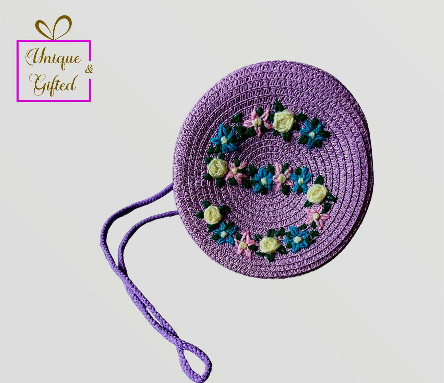 Round Straw Cross Body Bag With Hand Embroidered Initials