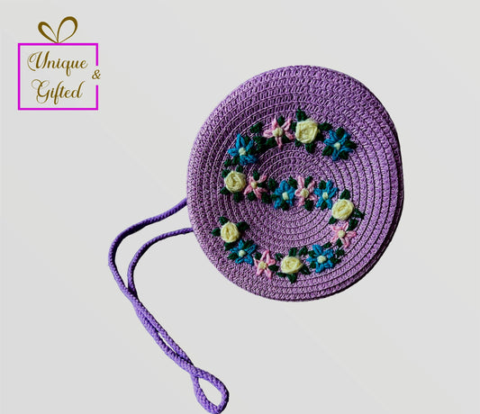 Round Straw Cross Body Bag With Hand Embroidered Initials