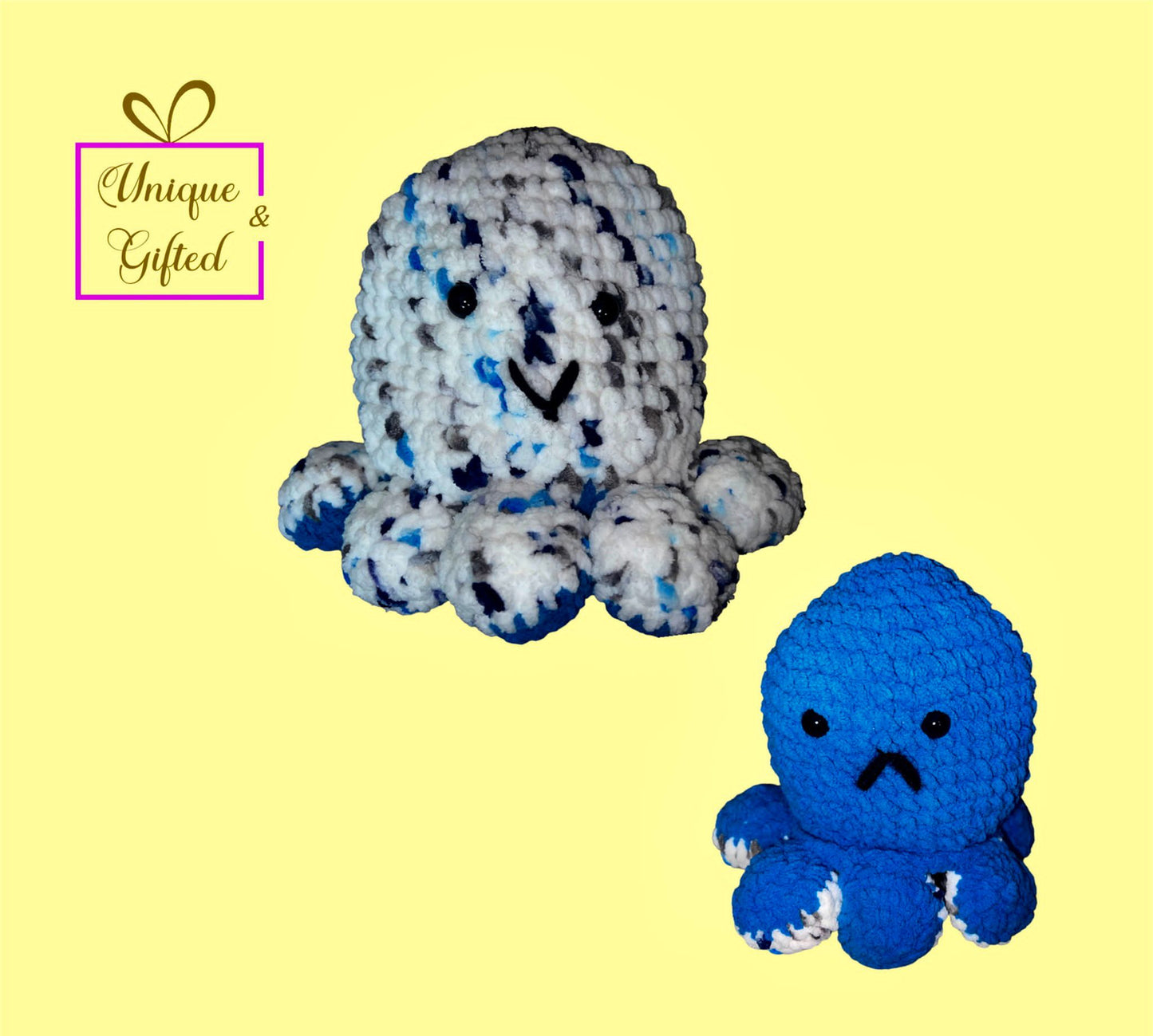 Super Soft Hand Crocheted  Happy/sad Reversible Octopus